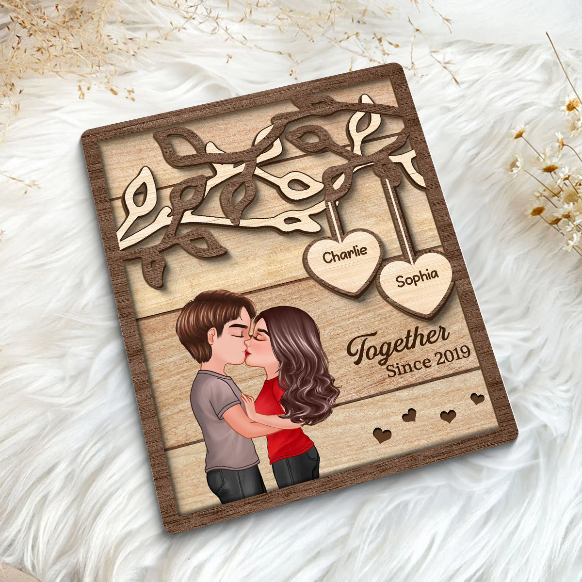 Couple Kissing Under Tree Personalized 2-Layer Rectangle Wooden Plaque - Image 5