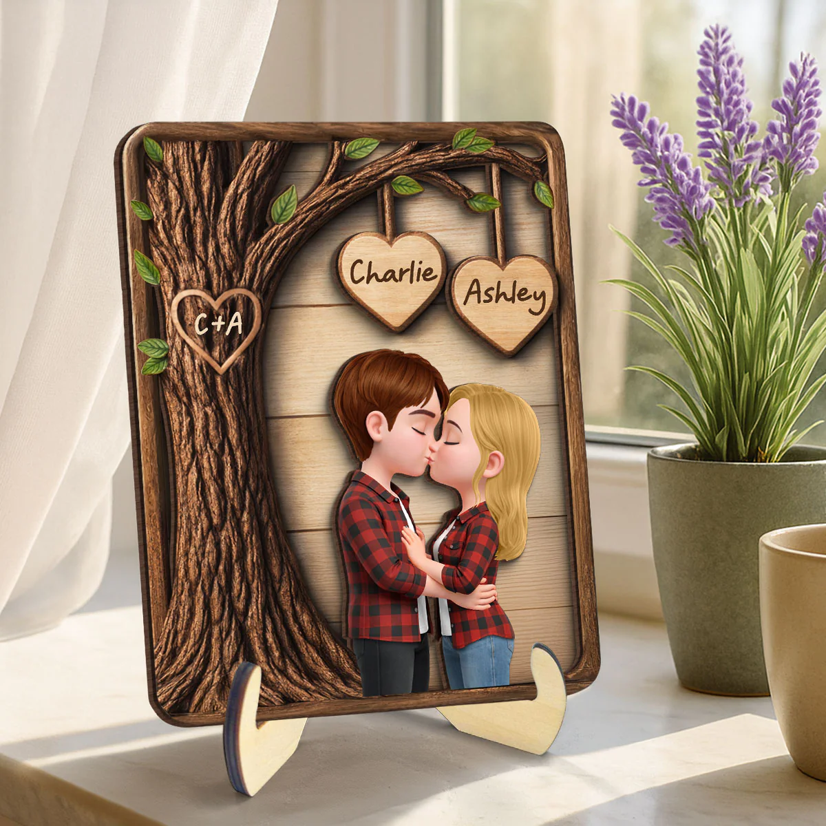 Couple Kissing Under Tree - Personalized 2-Layered Wooden Plaque - Sentimental Valentine's Day Gift for Her, for Him - Image 5