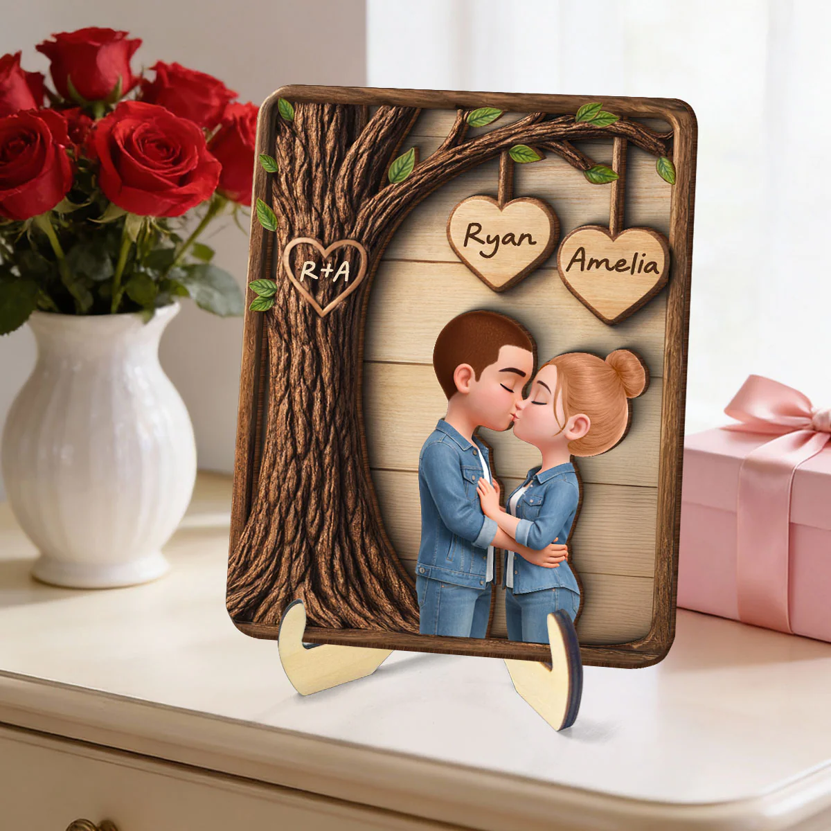 Couple Kissing Under Tree - Personalized 2-Layered Wooden Plaque - Sentimental Valentine's Day Gift for Her, for Him - Image 6