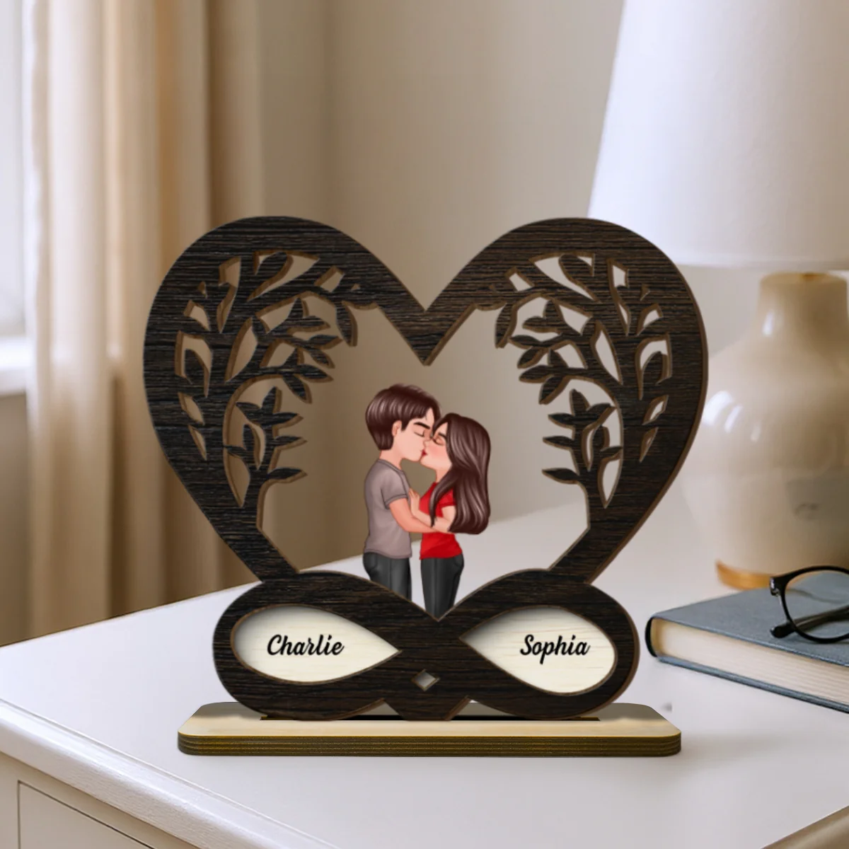 Couple Kissing Under Tree Rustic Infinity Heart - Personalized 2-Layer Wooden Plaque - Valentine's Day, Anniversary Gift For Him, For Her - Image 10