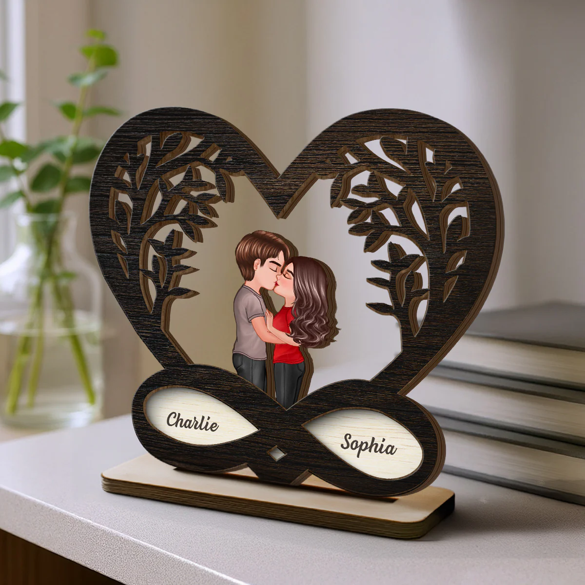 Couple Kissing Under Tree Rustic Infinity Heart - Personalized 2-Layer Wooden Plaque - Valentine's Day, Anniversary Gift For Him, For Her - Image 2