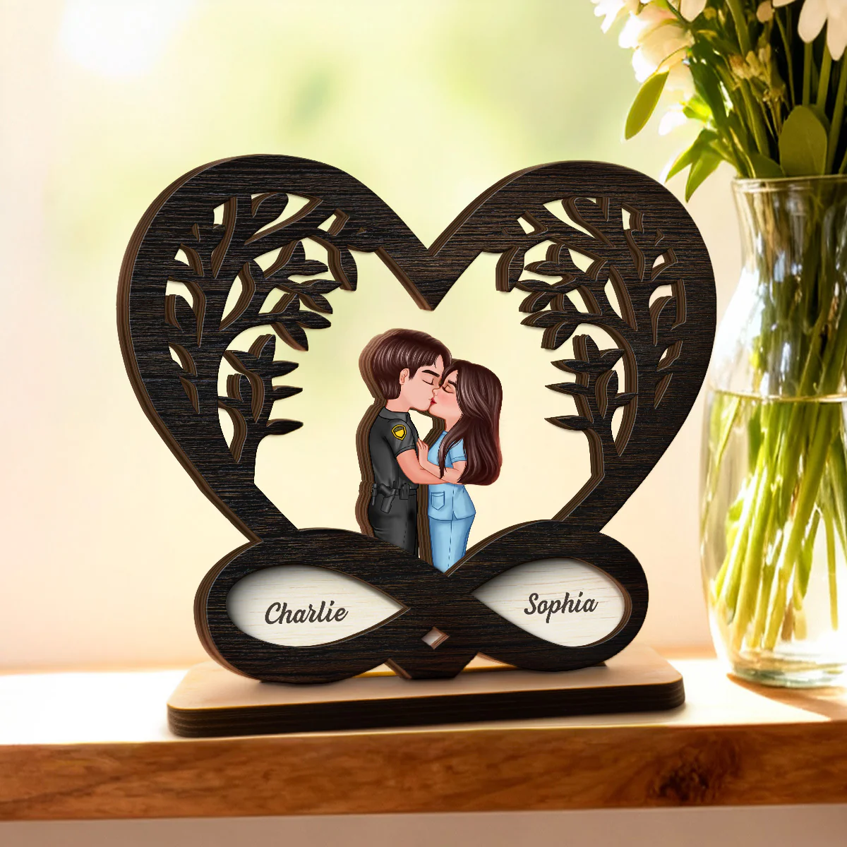 Couple Kissing Under Tree Rustic Infinity Heart - Personalized 2-Layer Wooden Plaque - Valentine's Day, Anniversary Gift For Him, For Her - Image 3