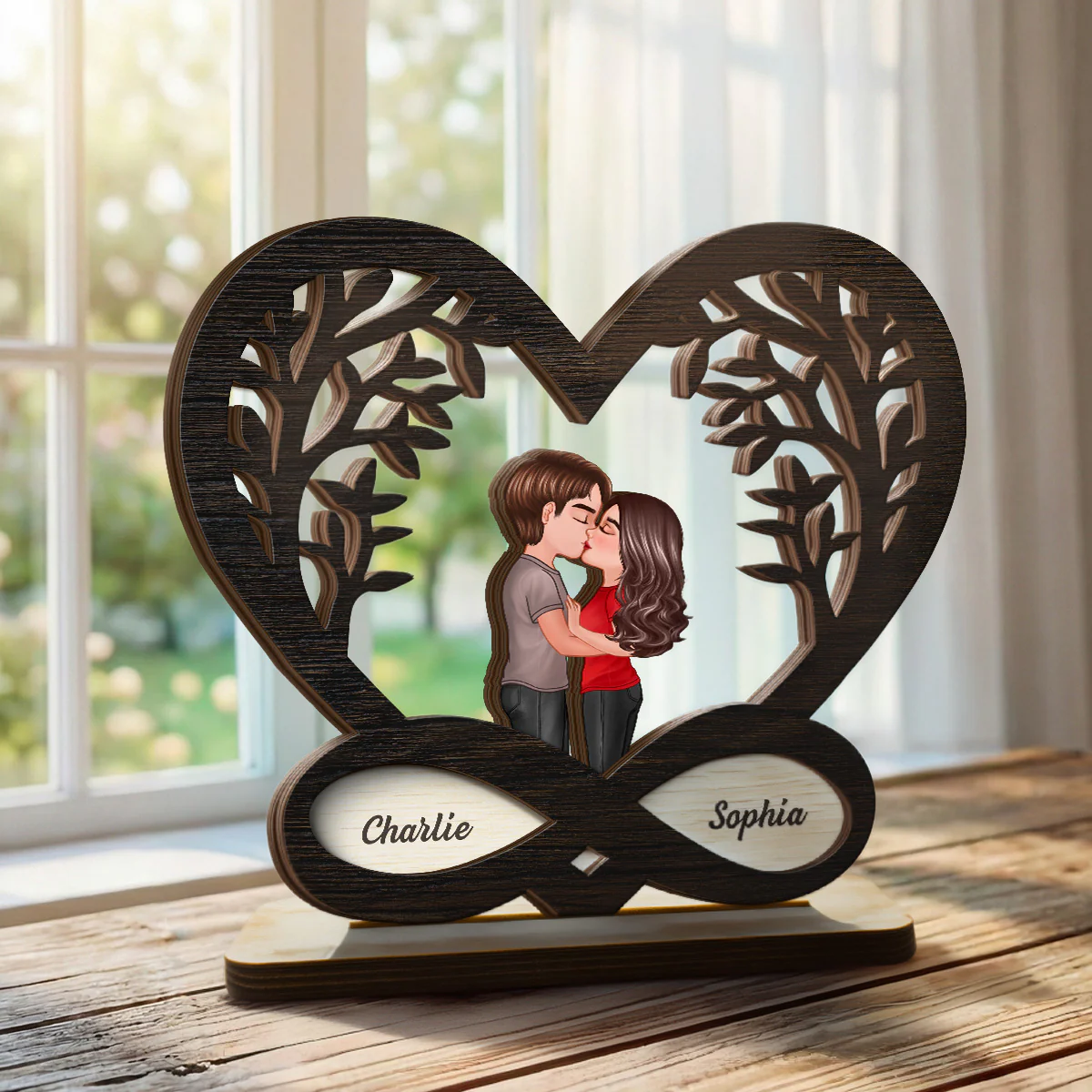 Couple Kissing Under Tree Rustic Infinity Heart - Personalized 2-Layer Wooden Plaque - Valentine's Day, Anniversary Gift For Him, For Her - Image 4