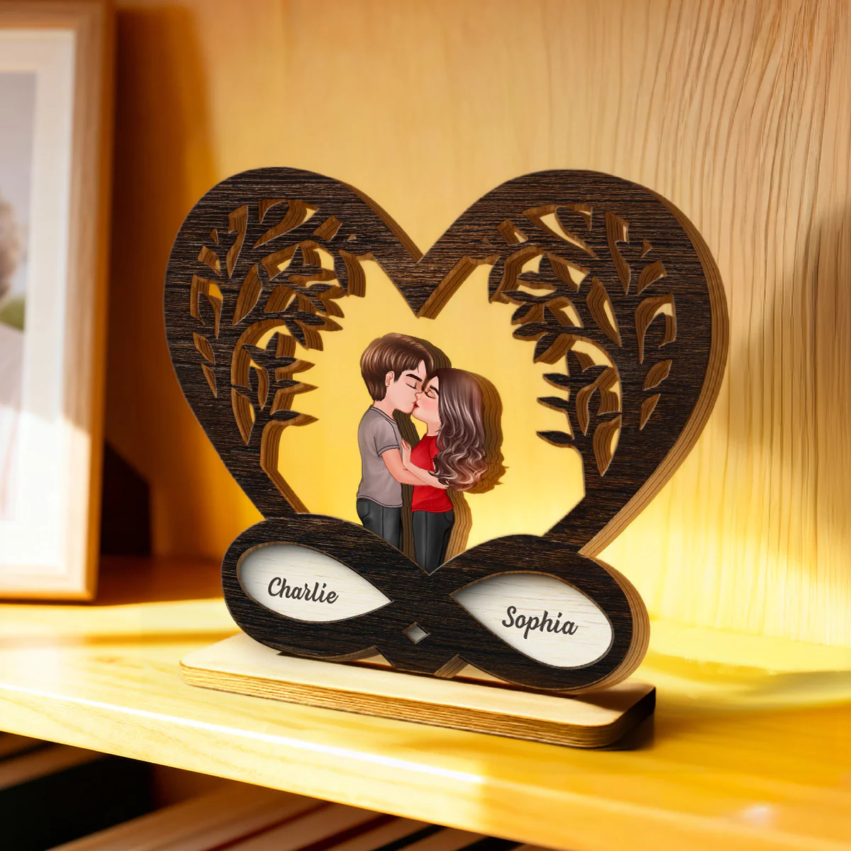 Couple Kissing Under Tree Rustic Infinity Heart - Personalized 2-Layer Wooden Plaque - Valentine's Day, Anniversary Gift For Him, For Her - Image 5