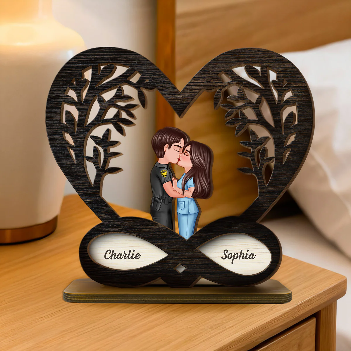 Couple Kissing Under Tree Rustic Infinity Heart - Personalized 2-Layer Wooden Plaque - Valentine's Day, Anniversary Gift For Him, For Her - Image 6