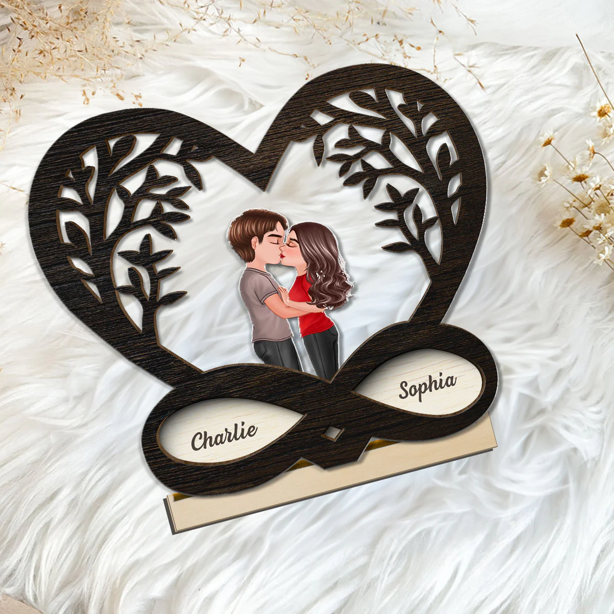 Couple Kissing Under Tree Rustic Infinity Heart - Personalized 2-Layer Wooden Plaque - Valentine's Day, Anniversary Gift For Him, For Her - Image 7