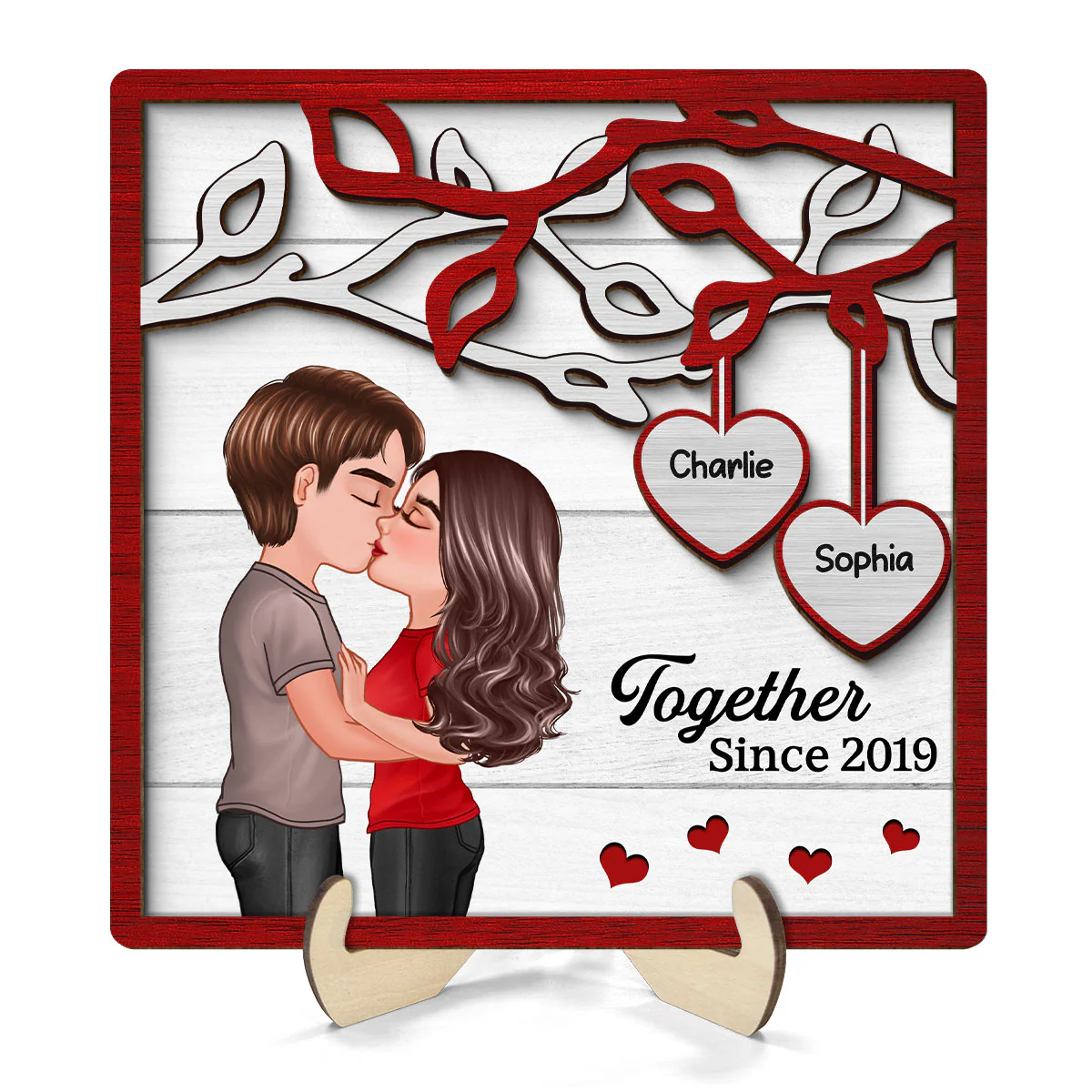 Couple Kissing Under Tree Personalized 2-Layer Wooden Plaque