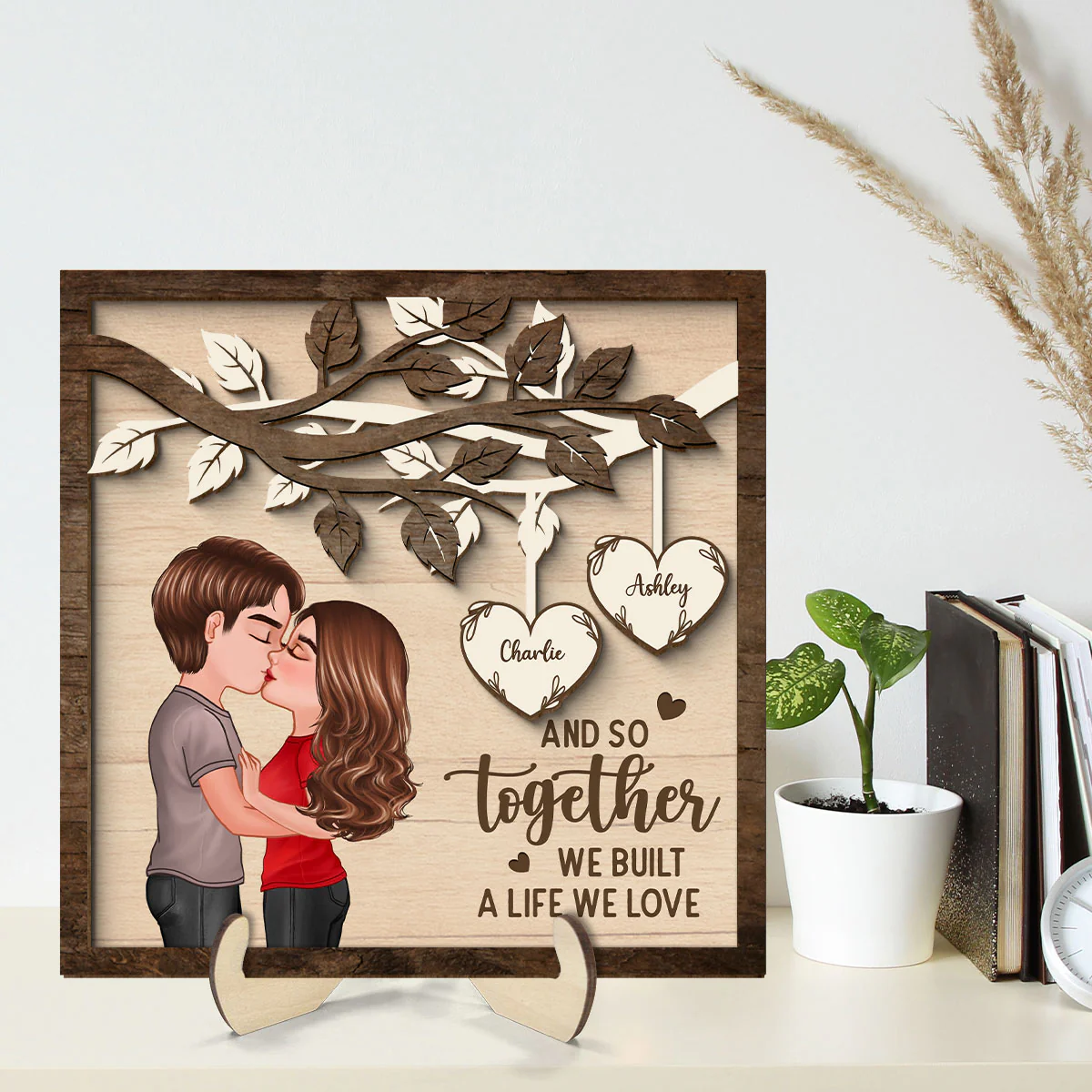 Couple Kissing Under Tree Valentine‘s Day Gift For Him For Her Personalized 2-Layer Wooden Plaque - Image 2