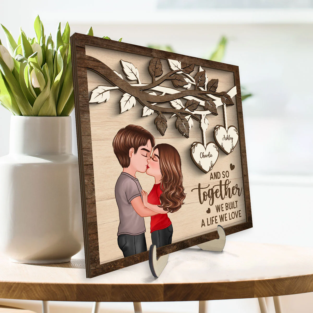 Couple Kissing Under Tree Valentine‘s Day Gift For Him For Her Personalized 2-Layer Wooden Plaque - Image 3