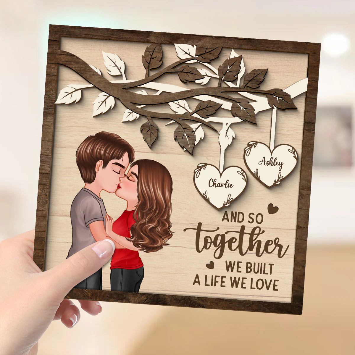 Couple Kissing Under Tree Valentine‘s Day Gift For Him For Her Personalized 2-Layer Wooden Plaque - Image 4