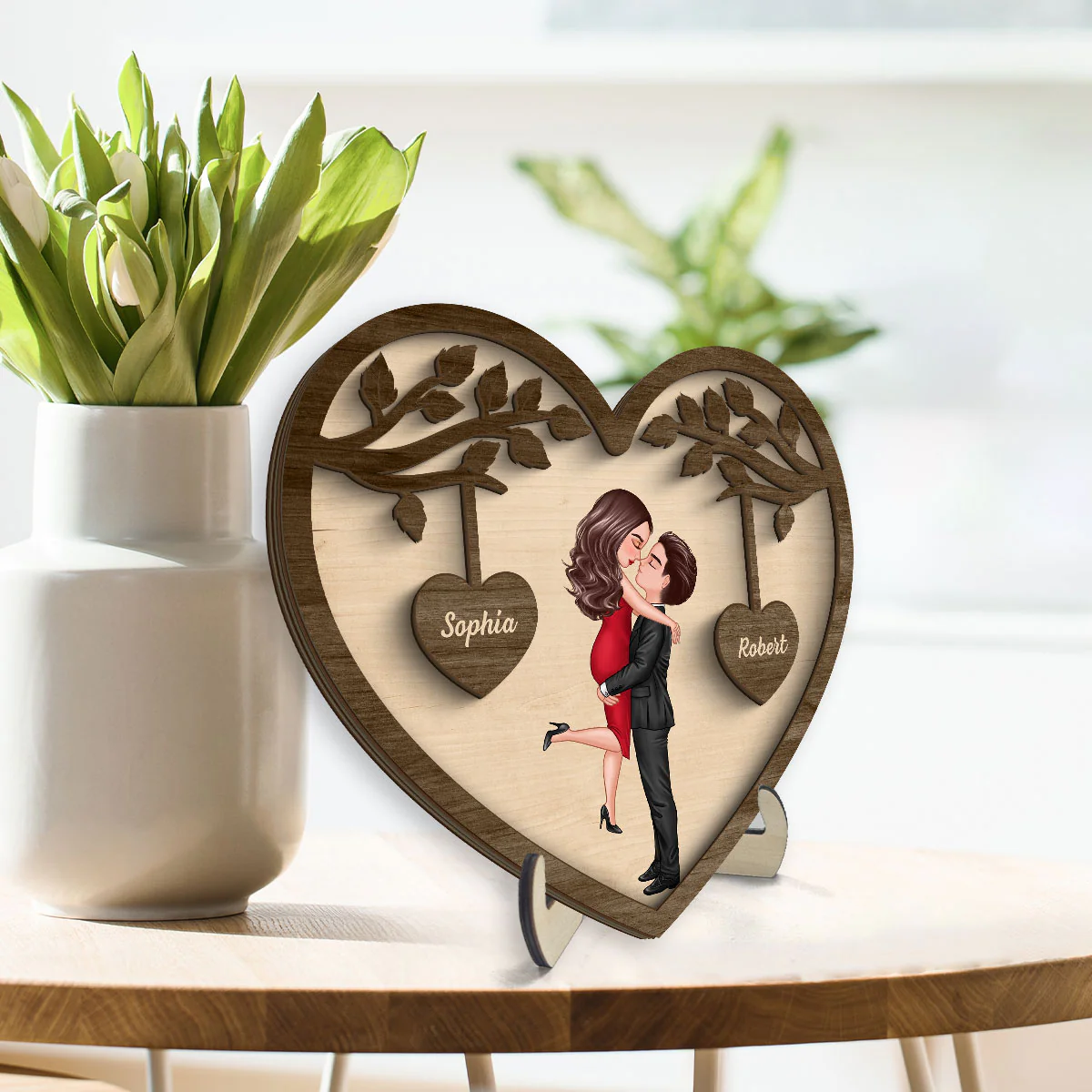 Couple Kissing Under Tree Valentine‘s Day Gift For Him Gift For Her Heart Shaped Personalized 2-Layer Wooden Plaque - Image 3