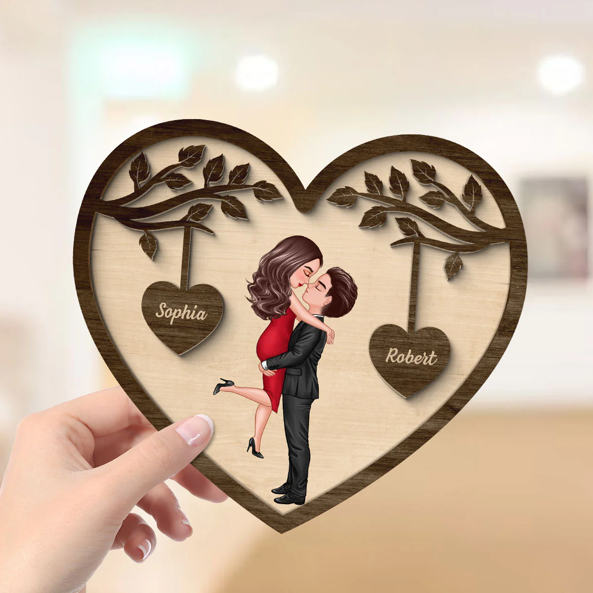 Couple Kissing Under Tree Valentine‘s Day Gift For Him Gift For Her Heart Shaped Personalized 2-Layer Wooden Plaque - Image 4