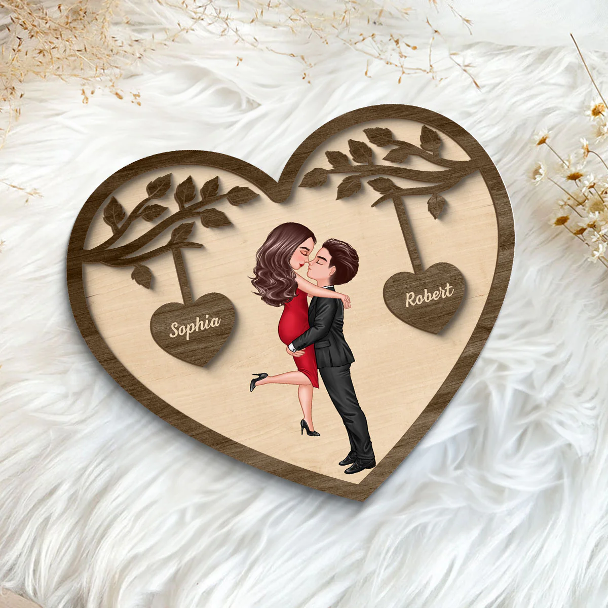 Couple Kissing Under Tree Valentine‘s Day Gift For Him Gift For Her Heart Shaped Personalized 2-Layer Wooden Plaque - Image 5