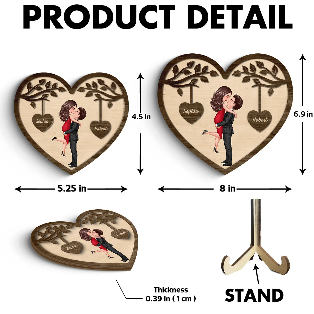 Couple Kissing Under Tree Valentine‘s Day Gift For Him Gift For Her Heart Shaped Personalized 2-Layer Wooden Plaque - Image 6