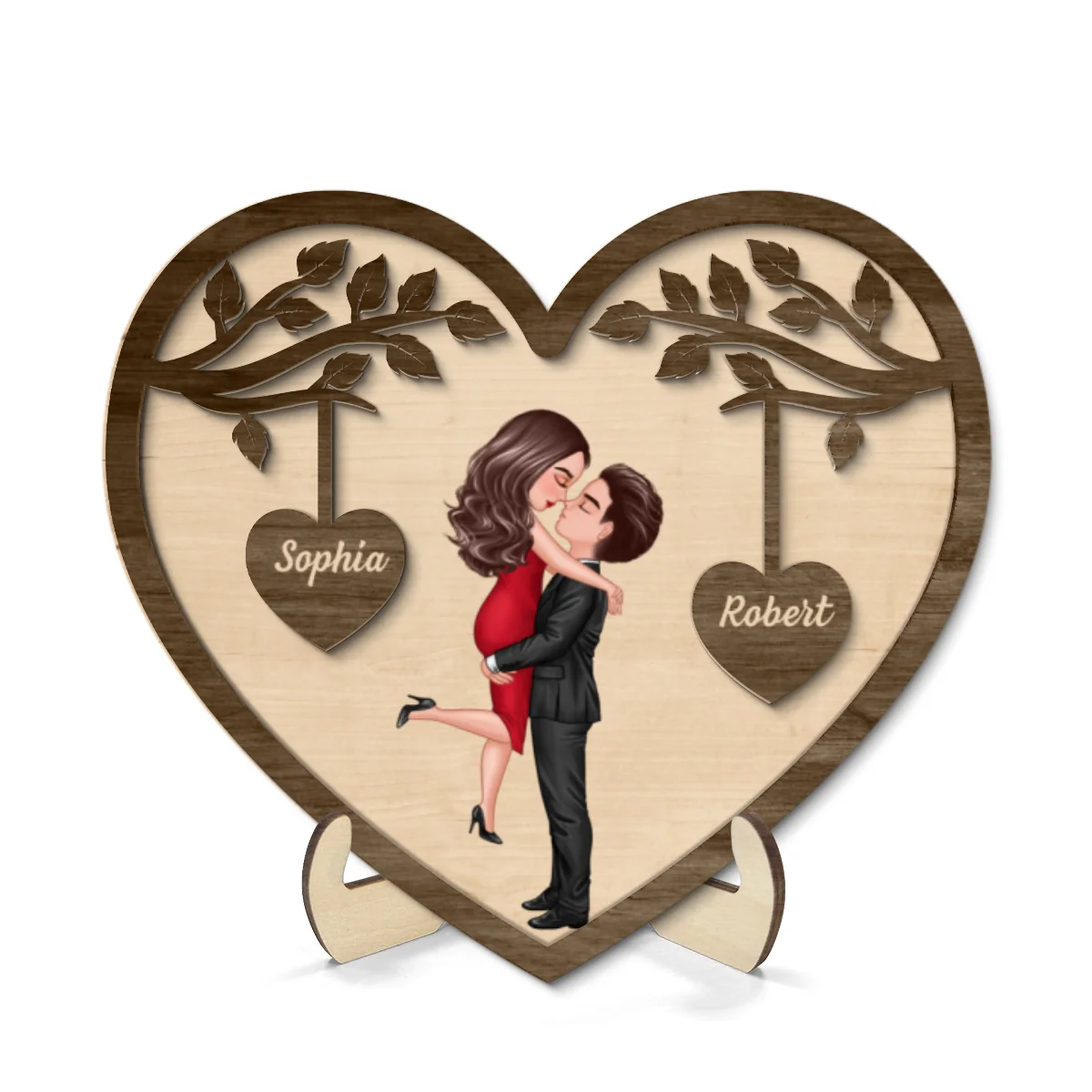 Couple Kissing Under Tree Valentine‘s Day Gift For Him Gift For Her Heart Shaped Personalized 2-Layer Wooden Plaque - Image 8