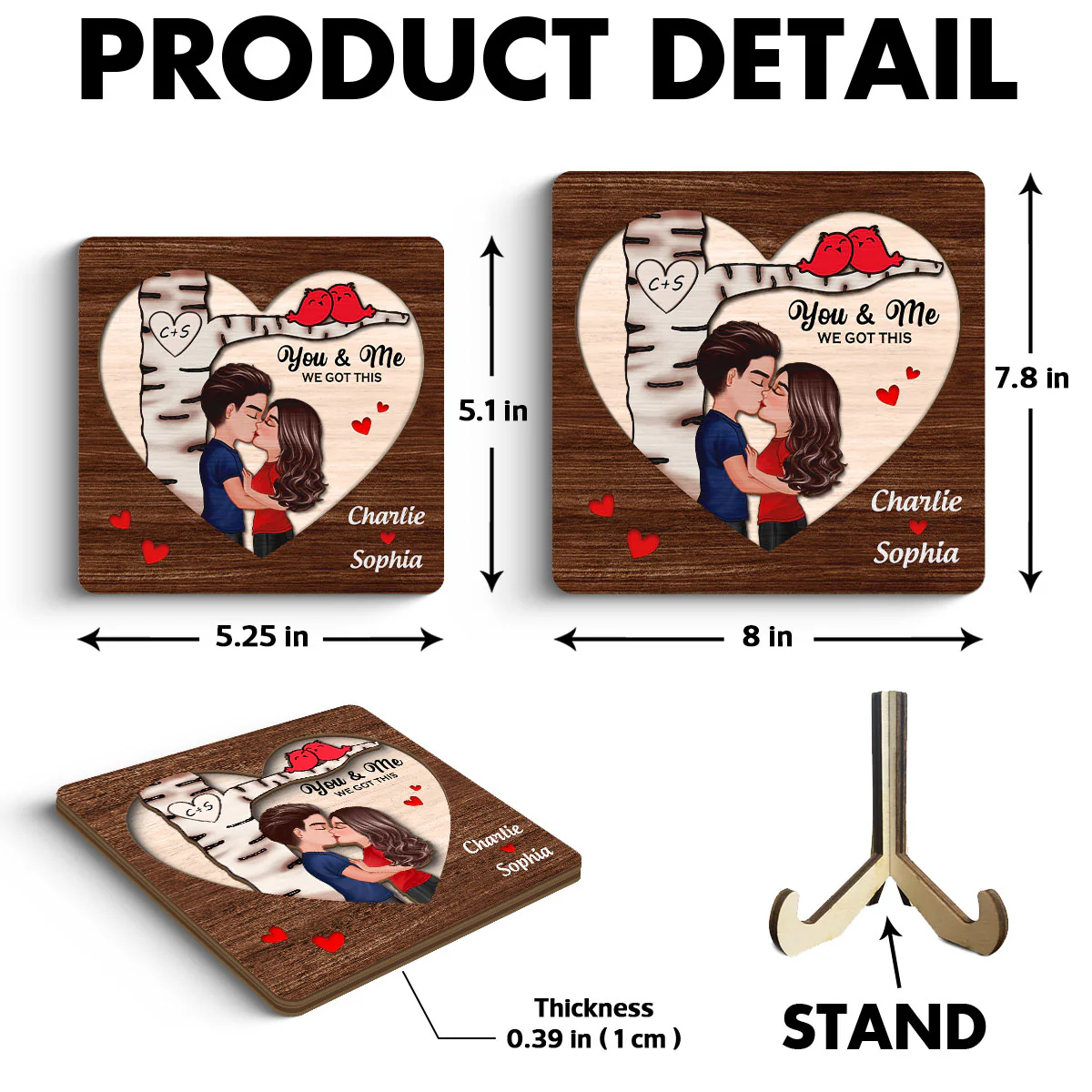 Couple Kissing Under Tree With Love Birds Personalized 2-Layer Wooden Plaque - Image 6