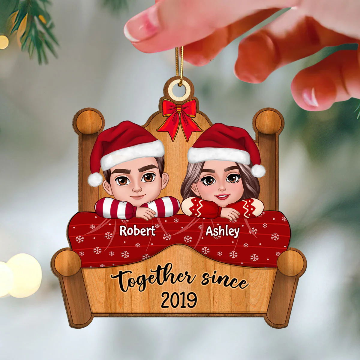 Couple Laying On Bed Christmas Gift Personalized Wooden Ornament - Image 3