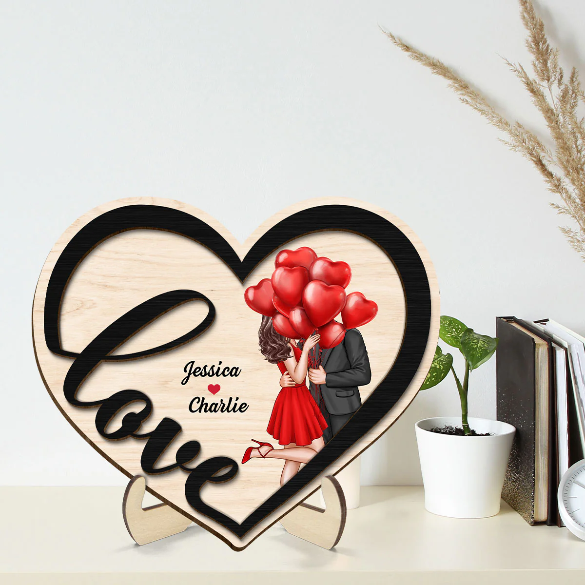 Couple Love Heart Elegant Kissing Personalized 2-layer Wooden Plaque - Image 2
