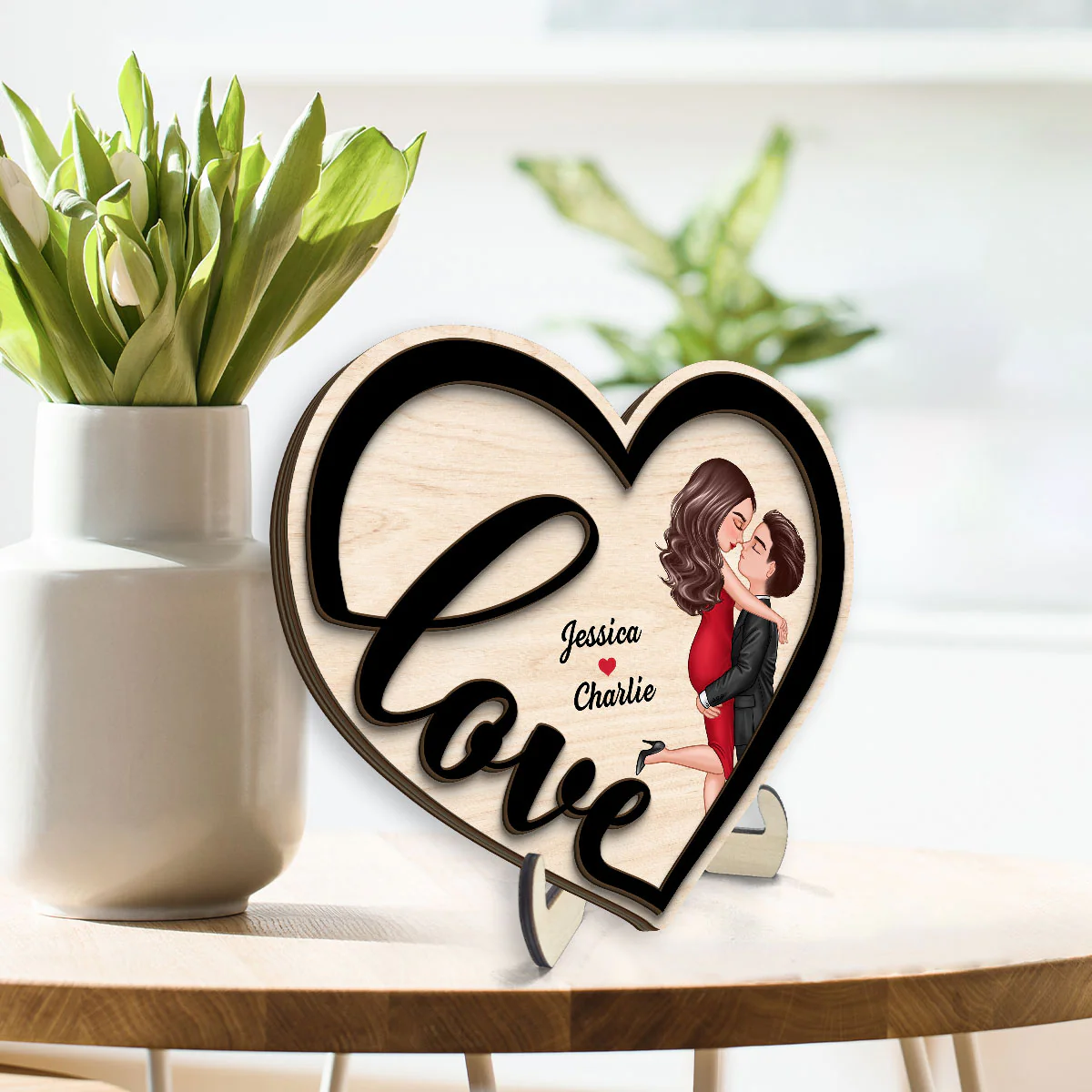 Couple Love Heart Hugging Kissing Personalized 2-layer Wooden Plaque - Image 2