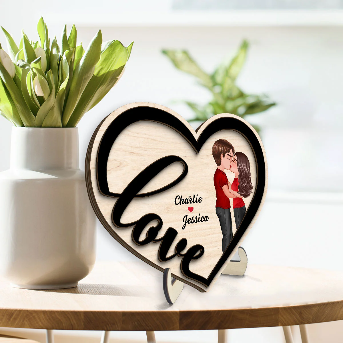 Couple Love Heart Kissing Standing Personalized 2-layer Wooden Plaque - Image 3
