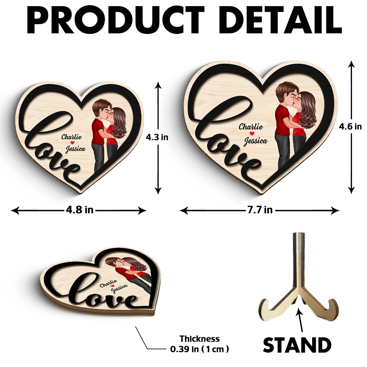 Couple Love Heart Kissing Standing Personalized 2-layer Wooden Plaque - Image 6