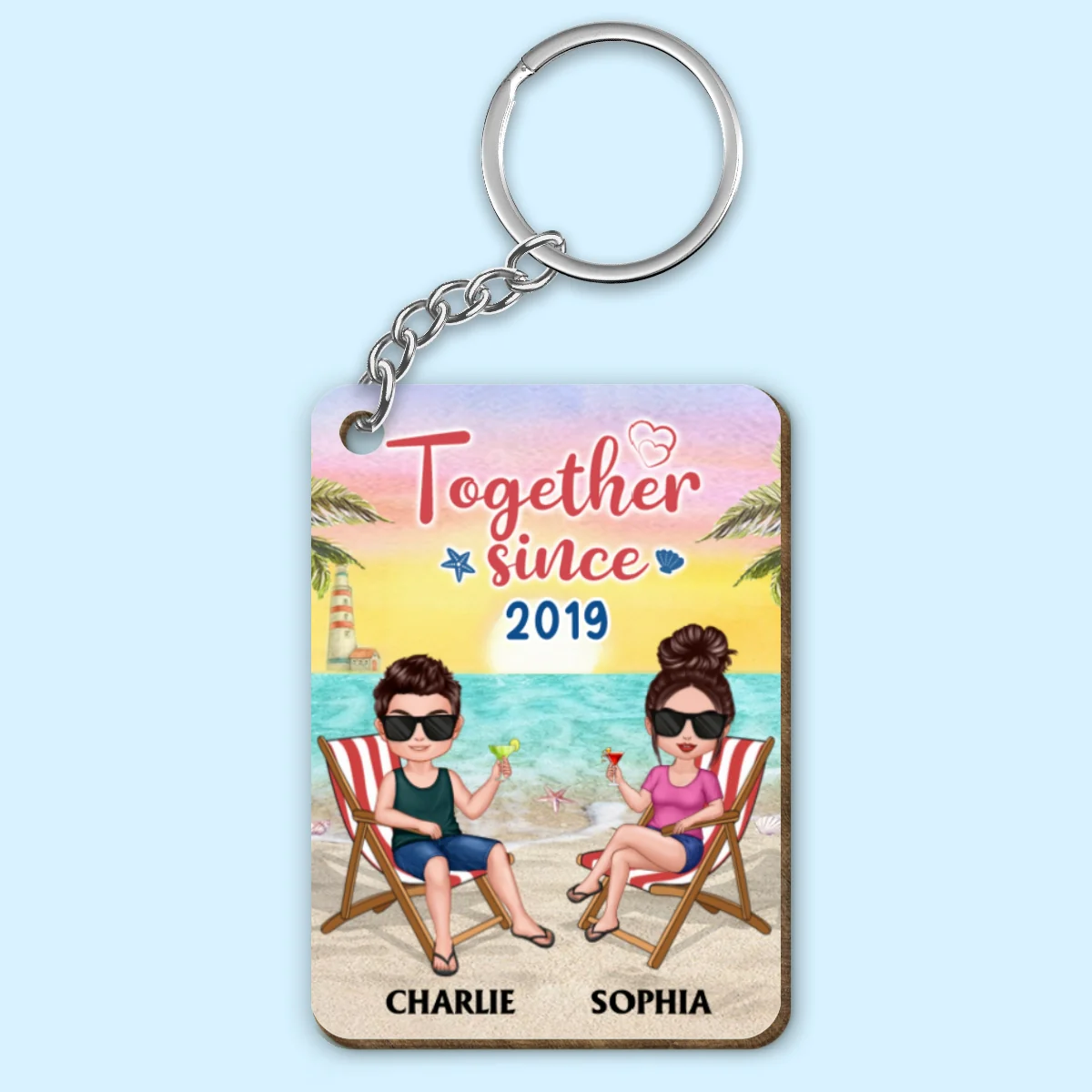 Couple Love To The Beach And Back Personalized Wooden Keychain - Image 4