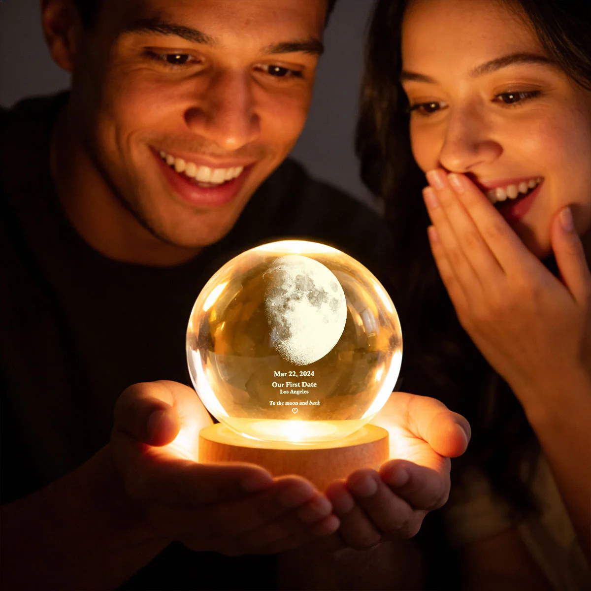 Couple Love to the Moon and Back Moon Phase by Date - Personalized Crystal Ball LED Night Light - Sentimental Valentine's Day Gift for Her, for Him - Image 2