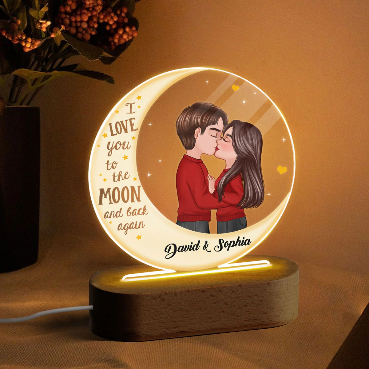 Couple Love To The Moon Personalized Circle Plaque LED Night Light - Image 3