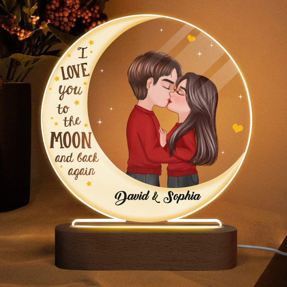 Couple Love To The Moon Personalized Circle Plaque LED Night Light - Image 4