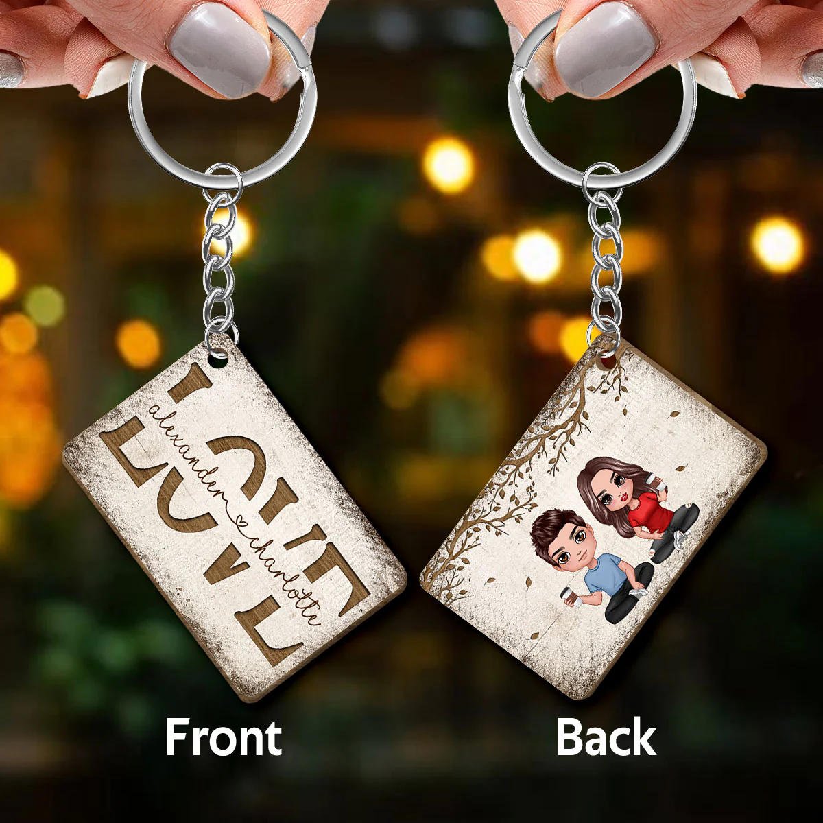 Couple Love Wooden Tree Cut Through Personalized Wooden Keychain - Image 3