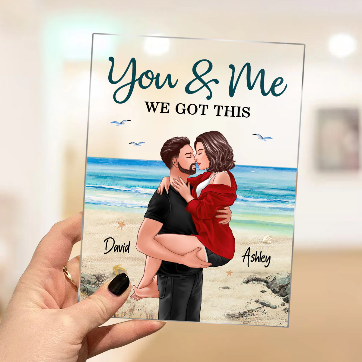 Couple Man Holding Woman Kissing Beach Landscape Personalized Acrylic Plaque - Image 3