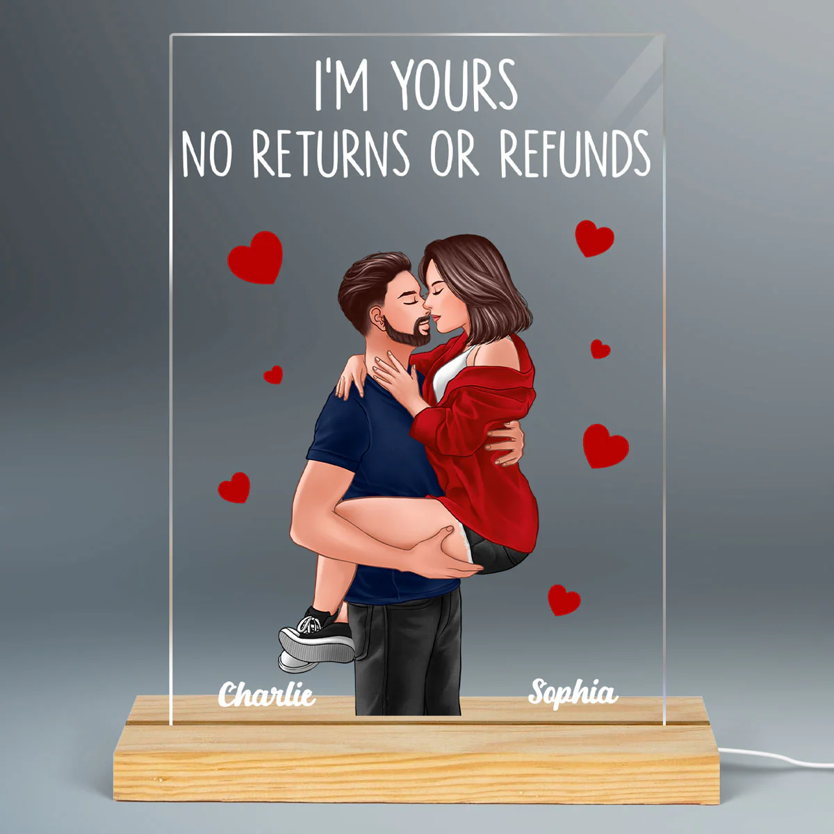 Couple Man Holding Woman Kissing Gift For Him For Her Personalized Acrylic Plaque Rectangle LED Night Light - Image 2