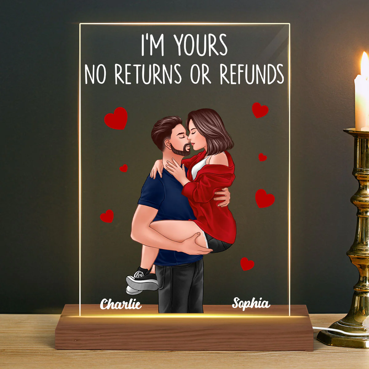 Couple Man Holding Woman Kissing Gift For Him For Her Personalized Acrylic Plaque Rectangle LED Night Light - Image 3