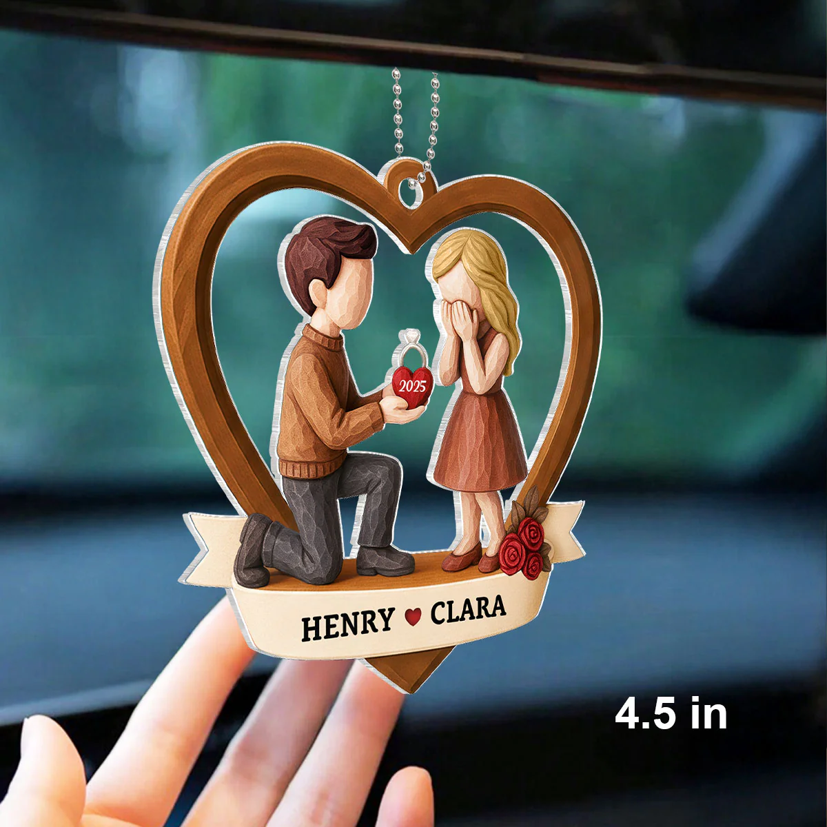 Couple Marriage Proposal 3D Wooden Effect - Personalized Acrylic Car Hanger - Newly Engaged Gift, "She Said Yes!" - Image 2