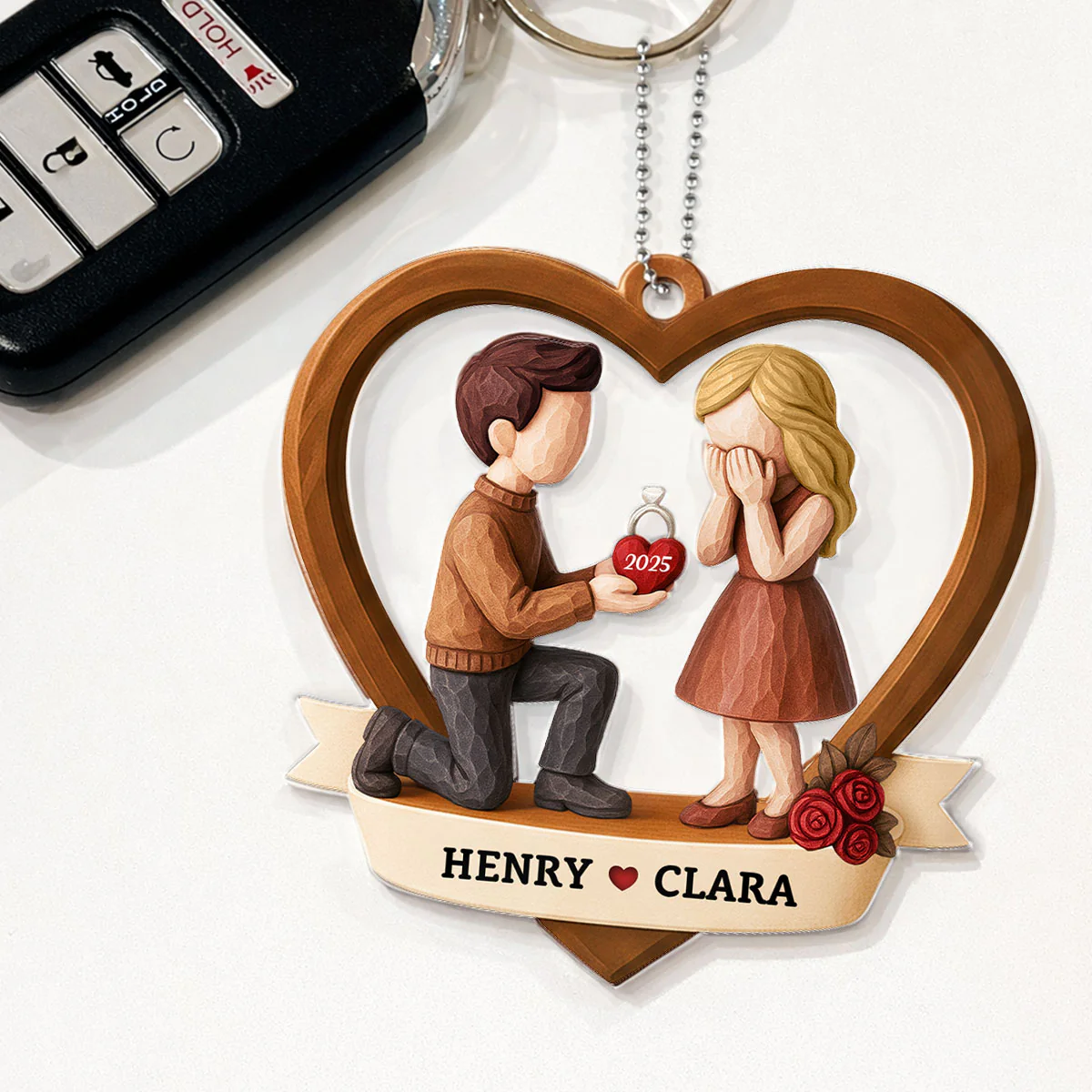 Couple Marriage Proposal 3D Wooden Effect - Personalized Acrylic Car Hanger - Newly Engaged Gift, "She Said Yes!" - Image 3