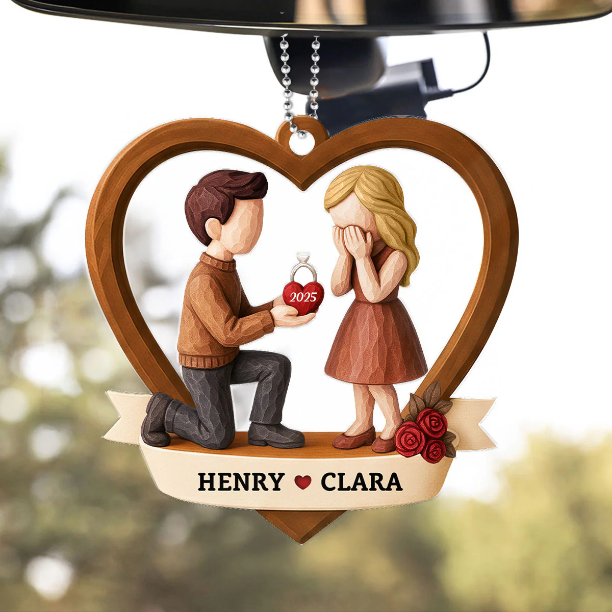 Couple Marriage Proposal 3D Wooden Effect - Personalized Acrylic Car Hanger - Newly Engaged Gift, "She Said Yes!" - Image 5