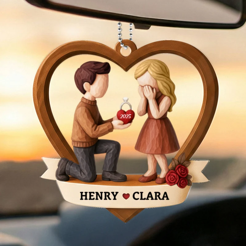 Couple Marriage Proposal 3D Wooden Effect - Personalized Acrylic Car Hanger - Newly Engaged Gift, "She Said Yes!" - Image 8