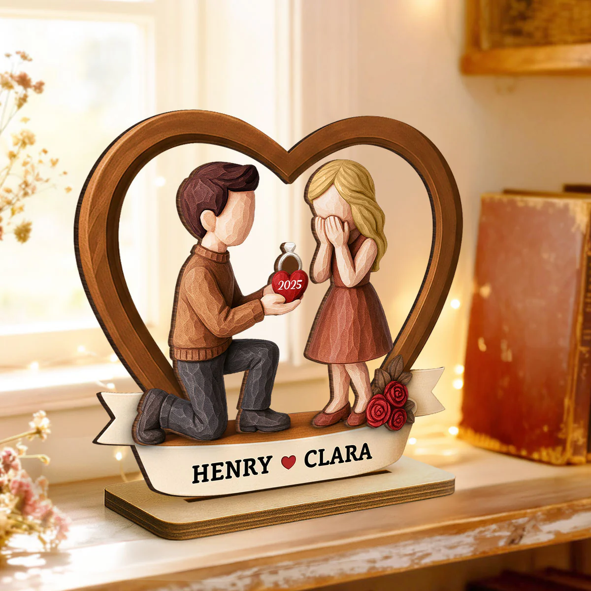 Couple Marriage Proposal 3D Wooden Effect - Personalized Wooden Plaque - Newly Engaged Gift, "She Said Yes!" - Image 3