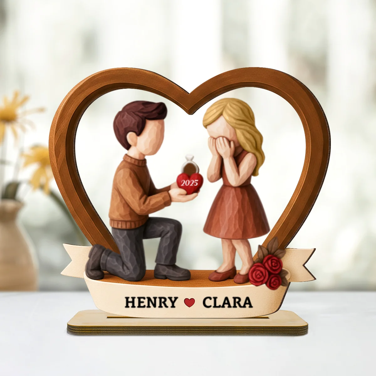 Couple Marriage Proposal 3D Wooden Effect - Personalized Wooden Plaque - Newly Engaged Gift, "She Said Yes!" - Image 9