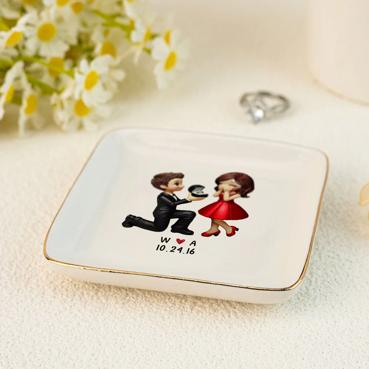 Couple Marriage Proposal Engagement Personalized Jewelry Dish, Just Engaged  Gifts For Her - Image 4