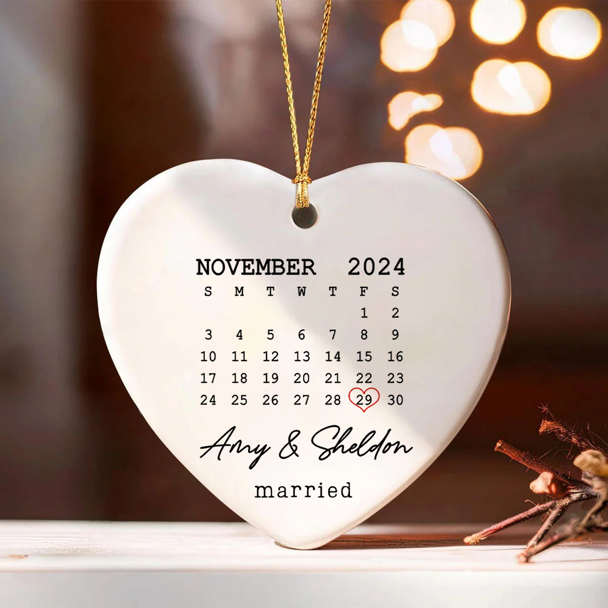 Couple Married Wedding Date Calendar Personalized Ceramic Heart Ornament, Wedding Gift, Anniversary Gift, Our First Christmas, Newlywed Gift, Wedding Gift