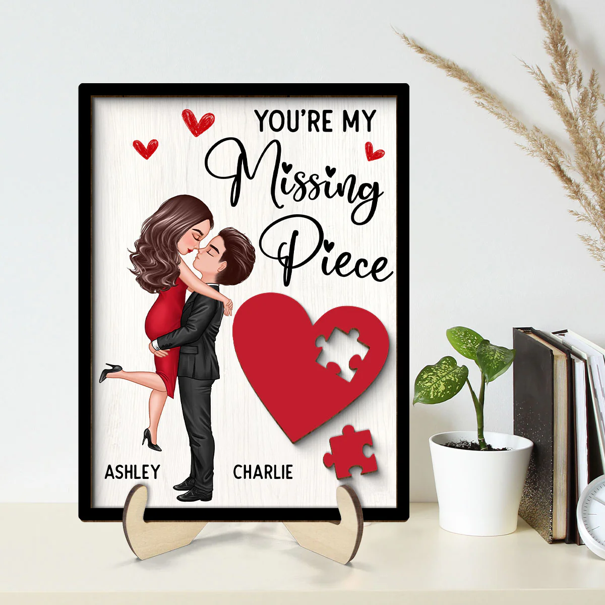 Couple Missing Piece Red Heart Valentine‘s Day Gift Personalized 2-layer Rectangle Wooden Plaque - Image 2