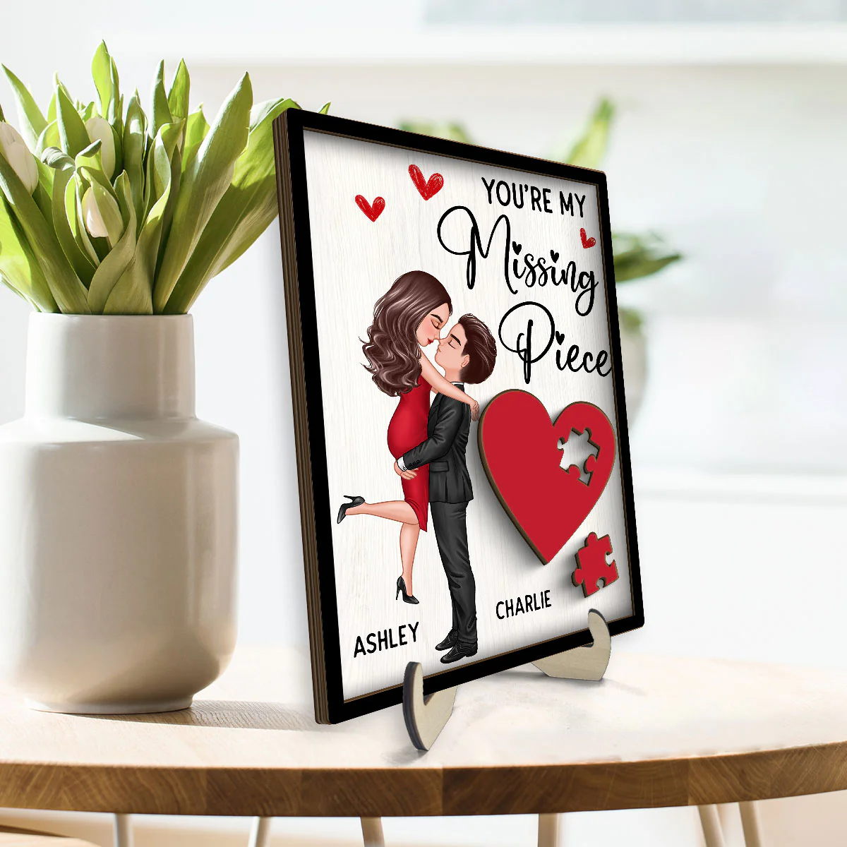 Couple Missing Piece Red Heart Valentine‘s Day Gift Personalized 2-layer Rectangle Wooden Plaque - Image 3