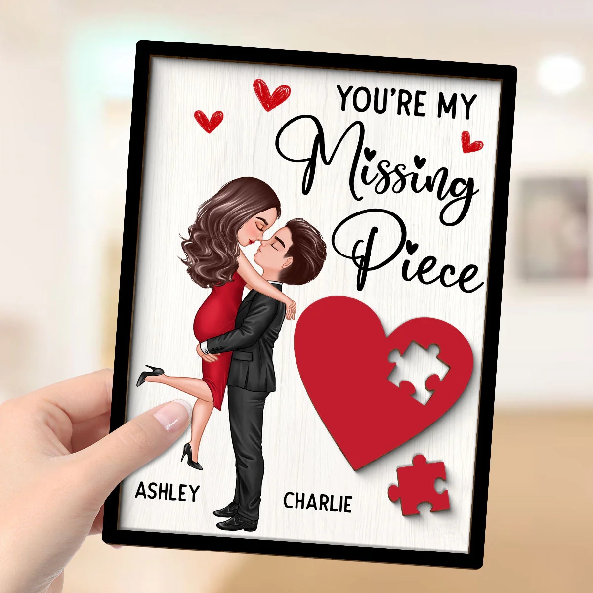 Couple Missing Piece Red Heart Valentine‘s Day Gift Personalized 2-layer Rectangle Wooden Plaque - Image 4