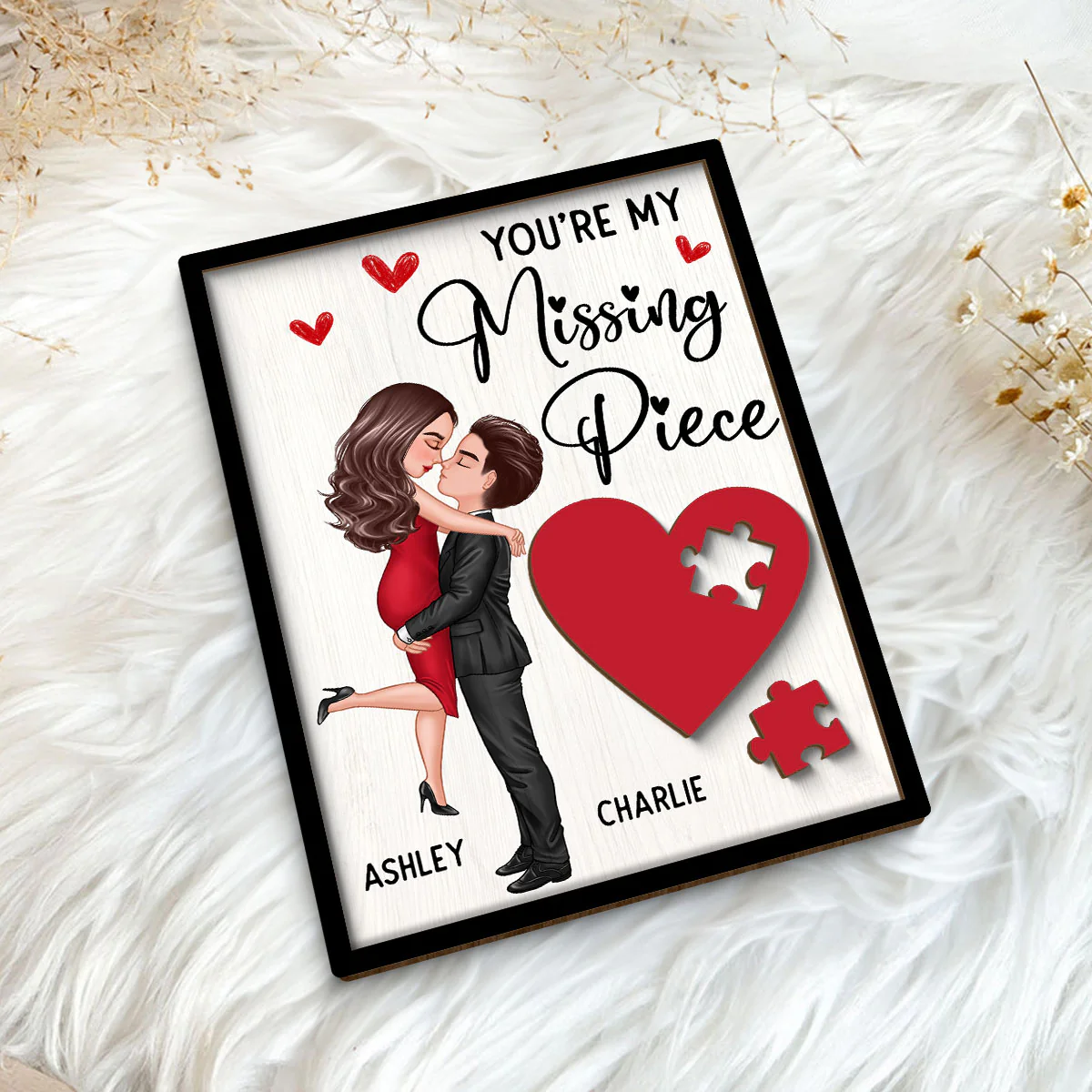 Couple Missing Piece Red Heart Valentine‘s Day Gift Personalized 2-layer Rectangle Wooden Plaque - Image 5