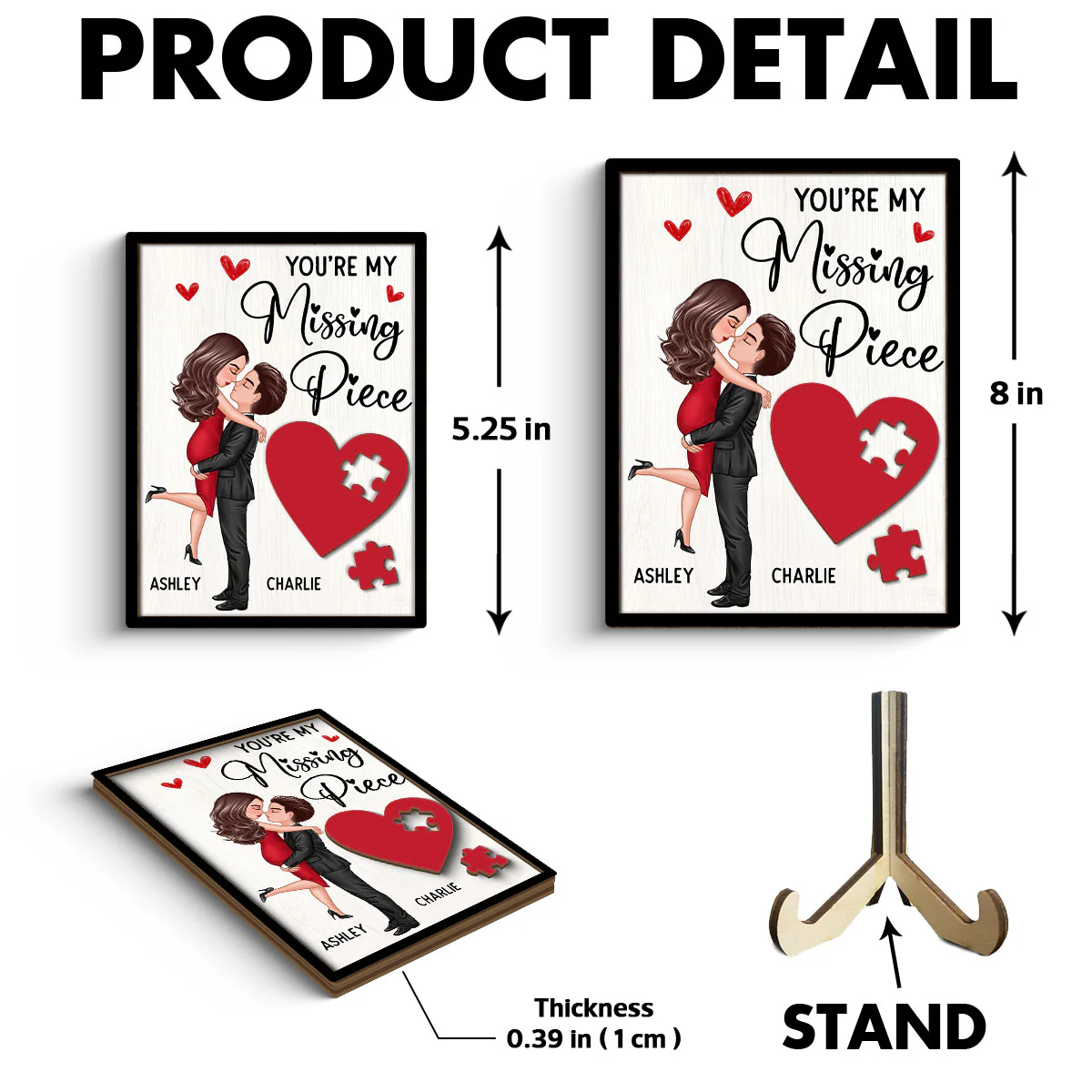 Couple Missing Piece Red Heart Valentine‘s Day Gift Personalized 2-layer Rectangle Wooden Plaque - Image 6
