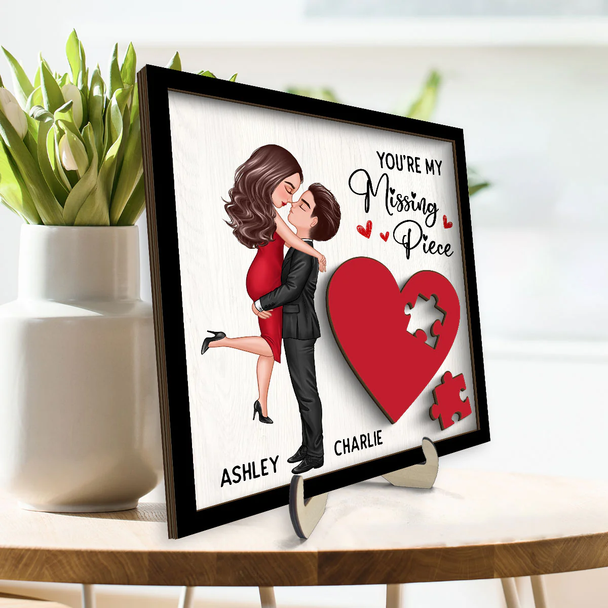 Couple Missing Piece Red Heart Personalized 2-Layer Wooden Plaque, Valentine‘s Day Gift For Him, For Her - Image 3