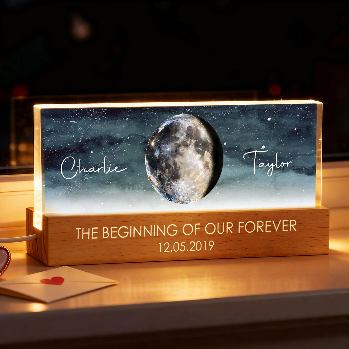 Couple Moon Phase The Beginning of Our Forever - Personalized Acrylic Block LED Night Light - Anniversary, Valentine's Day Gift for her, for him - Image 5