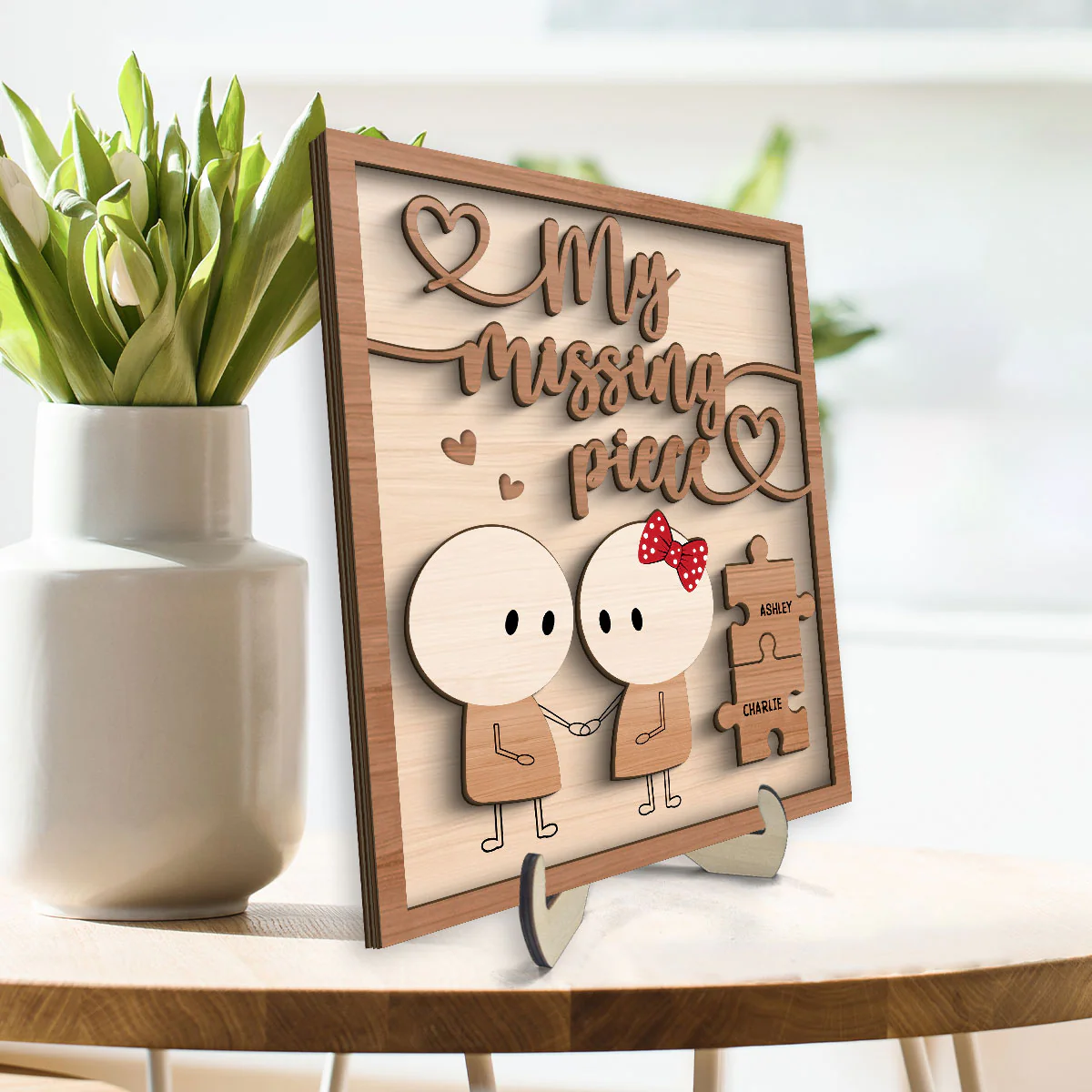 Couple My Missing Piece Valentine‘s Day Gift For Him For Her Personalized 2-Layer Wooden Plaque - Image 3