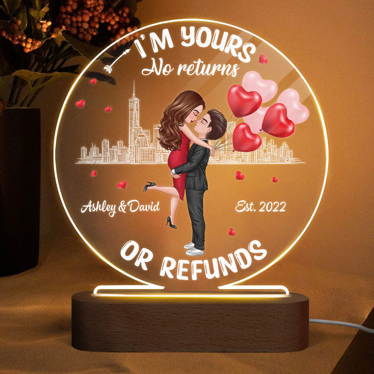 Couple No Returns Or Refunds Valentine‘s Day Gift For Him For Her Personalized Circle LED Night Light - Acrylic LED Lamp